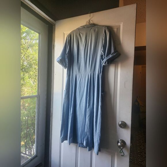 Vintage Blue Seersucker Polkadot 50s Midi Dress Button Front Pockets Collar - Picture 8 of 12